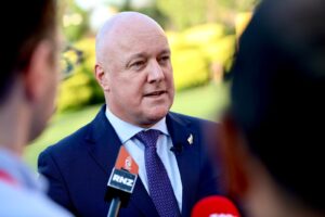 Prime Minister Christopher Luxon speaks with media in New Delhi, India on 17 March 2025. Photo: RNZ / Marika Khabazi